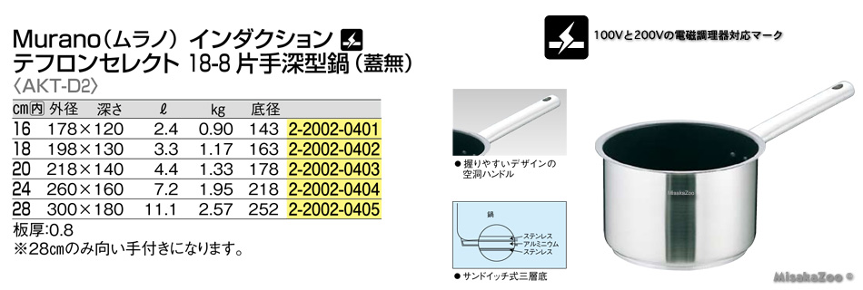 TKG Murano Induction テフロンセレクト 18-8 片手深型鍋 フタなし